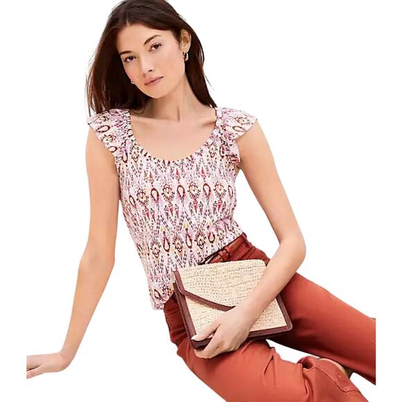 NWT Loft Ikat Ruffle Cotton Boho Look Scoop Neck Relaxed Top Size Large - Picture 1 of 11